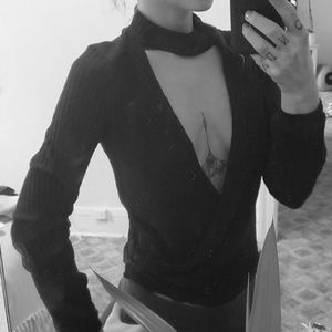 Draped front deep v-neck turtleneck